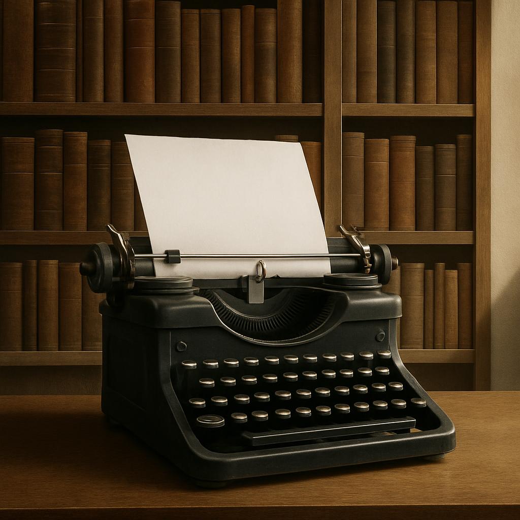 An antique typewriter sits on a wooden desk in-front of a bookshelf full of leather-bound books.